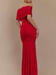 Exquisite Alluring Off-Shoulder Mesh Ruched Bodycon Maxi Dress