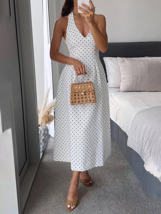 Classic Polka Dot Print Backless Tie Dress