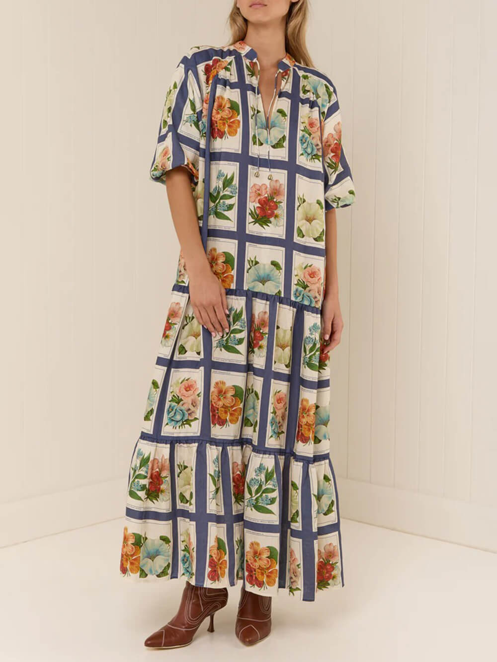 V-Neck Casual Linen Floral Tie Maxi Dress