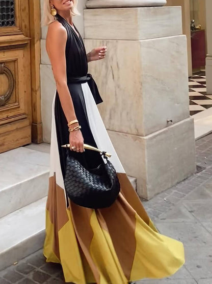 Color-block Tie Back Sexy Flared Maxi Dress