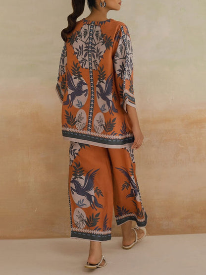 Floral Print Contrast Stitch Wide-Leg Pants