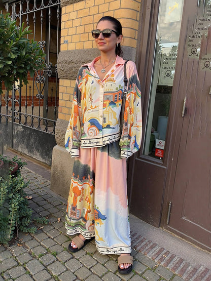 Unique Satin Landscape Print Loose Elastic Waist Pocket Wide Leg Pants