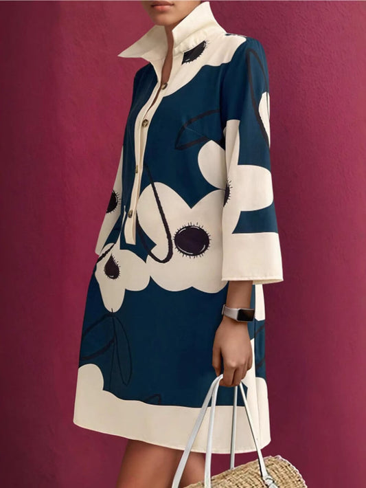 Elegant Printed Loose-Fit 3/4 Sleeve Dress