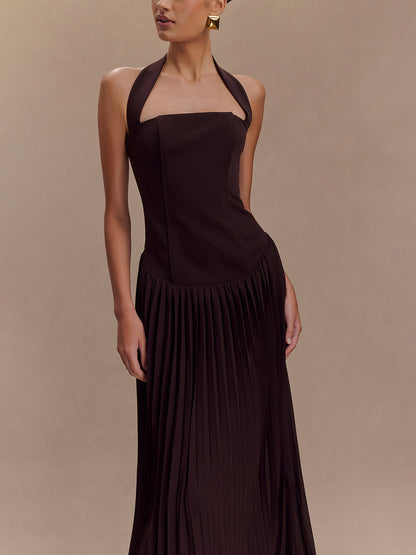 Pleated Halter Neck Maxi Dress