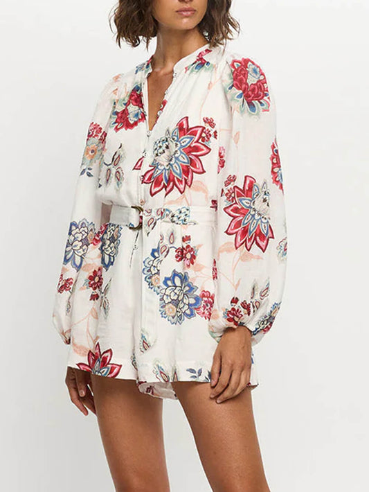 Floral Print Lace-Up Linen Jumpsuit
