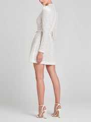 Pearl-Embellished Mesh Bow High-Neck Elegant Mini Dress