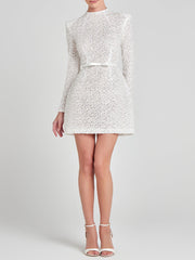 Pearl-Embellished Mesh Bow High-Neck Elegant Mini Dress