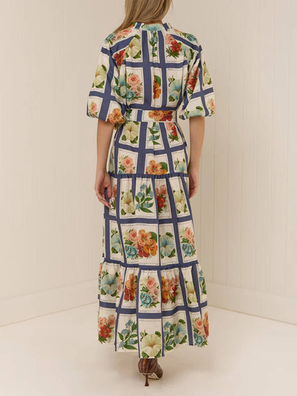 V-Neck Casual Linen Floral Tie Maxi Dress