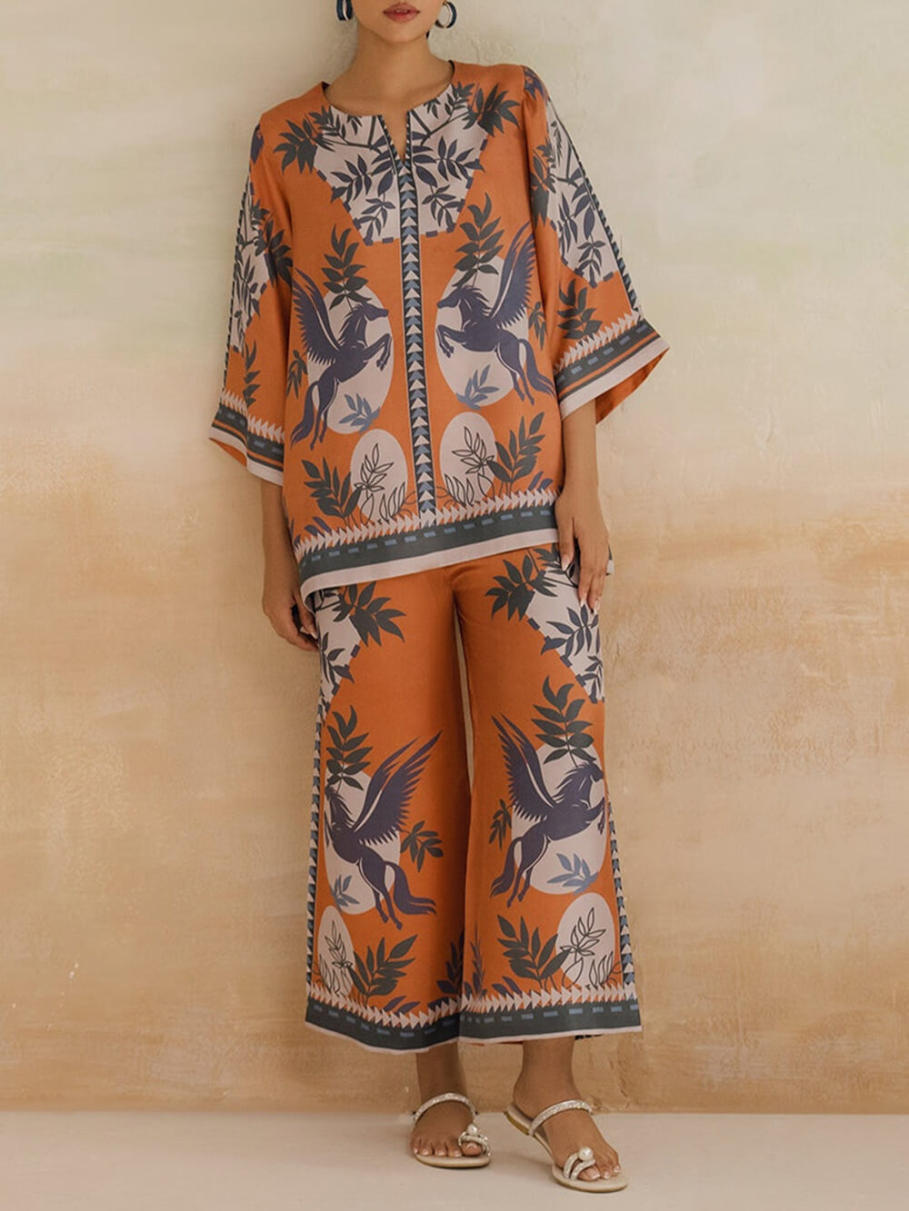 Floral Print Contrast Stitch Wide-Leg Pants