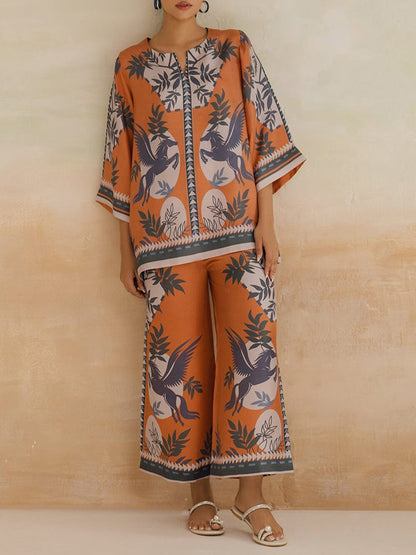 Floral Print Contrast Stitch Wide-Leg Pants