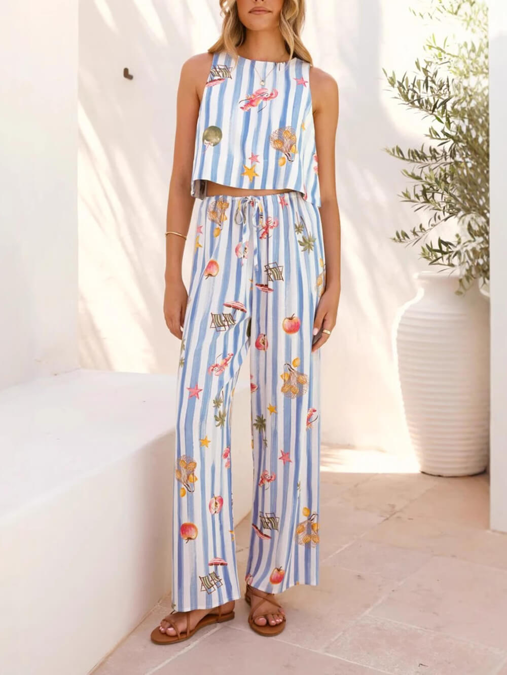 Linen Fruit Print Striped Set