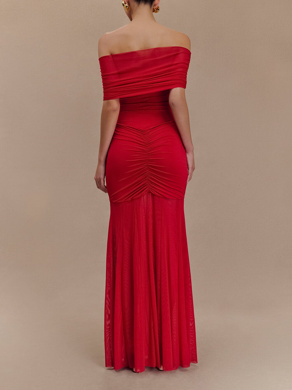 Exquisite Alluring Off-Shoulder Mesh Ruched Bodycon Maxi Dress