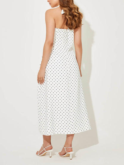 Classic Polka Dot Print Backless Tie Dress
