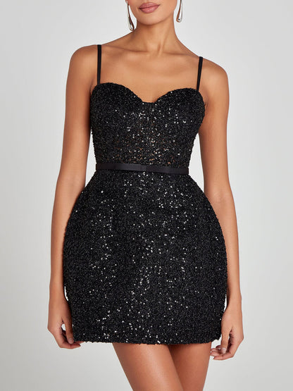 Sequin Embellished Bow Detail Mini Dress