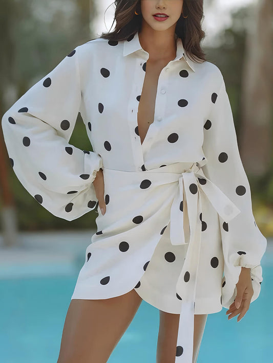 Wrap Tie Polka Dot Blouse Set