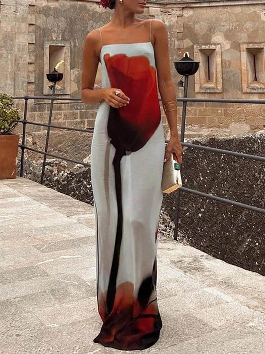 Abstract Tulip Print Slip H-Line Maxi Dress