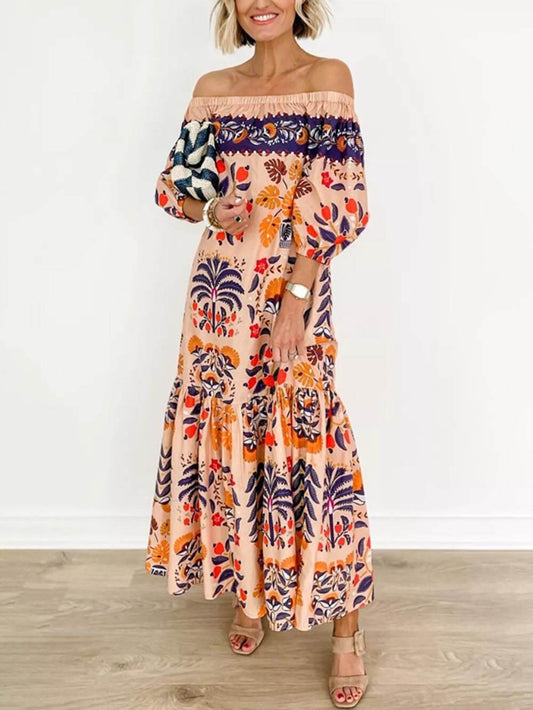 Retro Floral Off-Shoulder Loose Pocket Dress