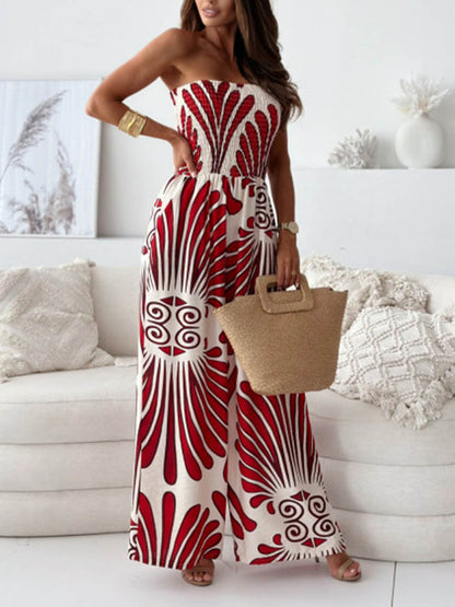 Printed Off-Shoulder Pleated Wide-Leg Jumpsuit