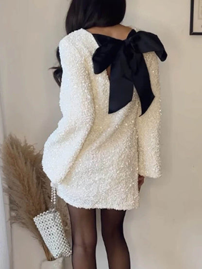 Sequined Open Back Tie Strap Mini Dress
