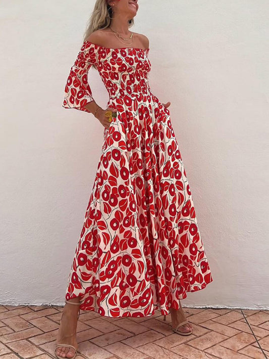 Elegant Floral Print Ruched Off-Shoulder Pocket Dress