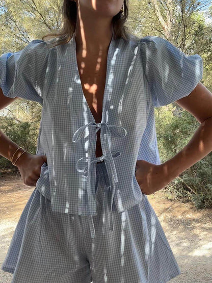 Plaid Lace-Up Top Shorts Set