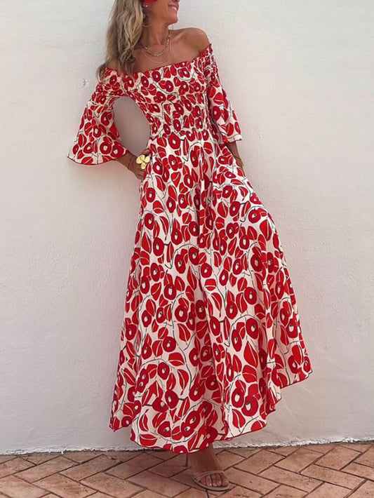 Elegant Floral Print Ruched Off-Shoulder Pocket Dress