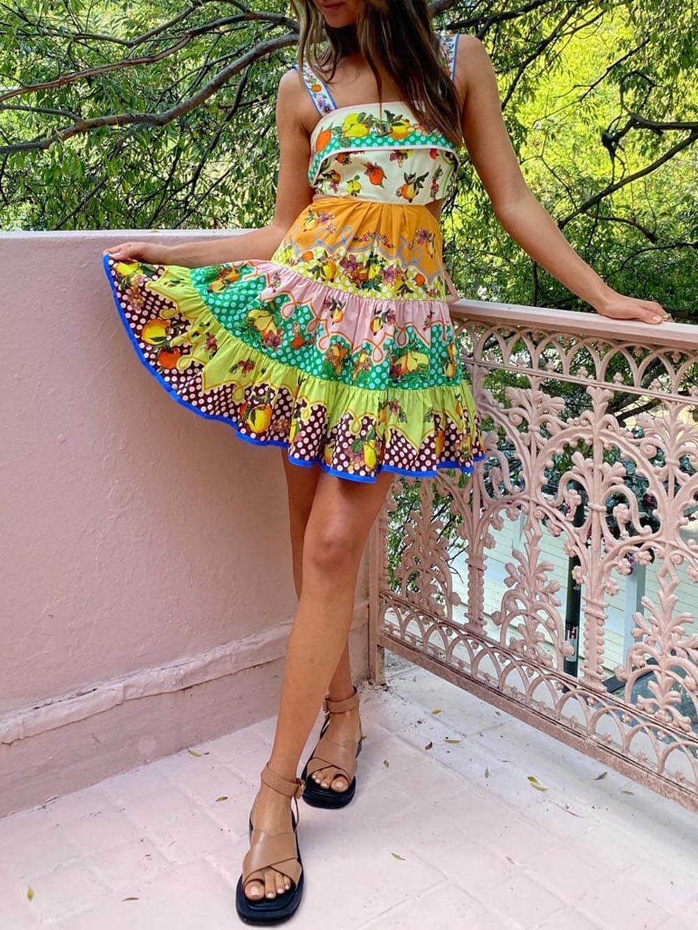 Summer Multicolor Lemon Pleated Hem Mini Dress