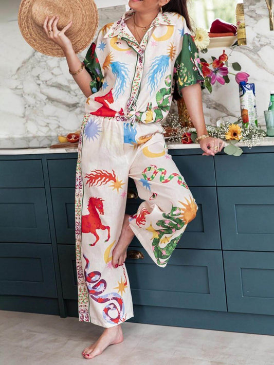 Loose Fit Print Shirt with Elastic Waist Pants