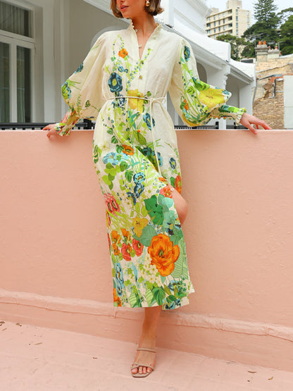 Button-Down Long Lantern Sleeve Graffiti Print Waist-Tied Dress