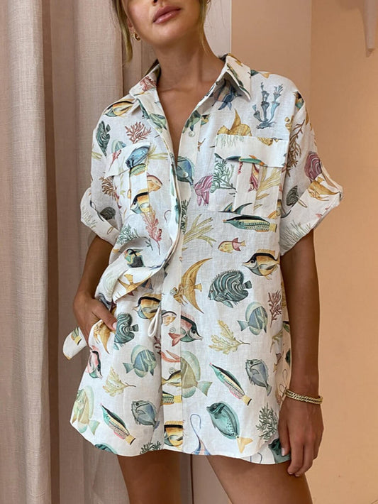 Short Sleeve Fish Print Two-piece Set