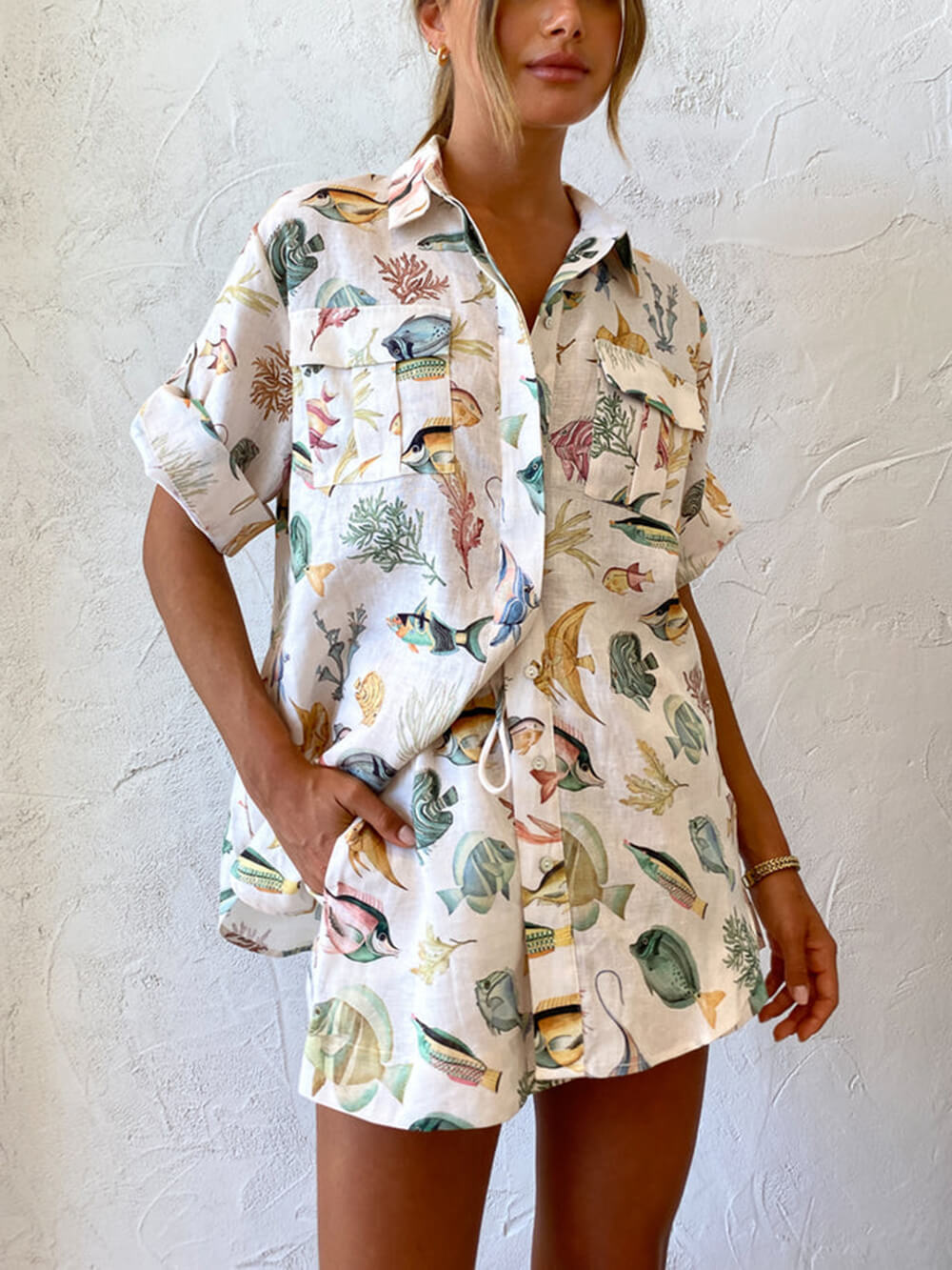 Short Sleeve Fish Print Two-piece Set