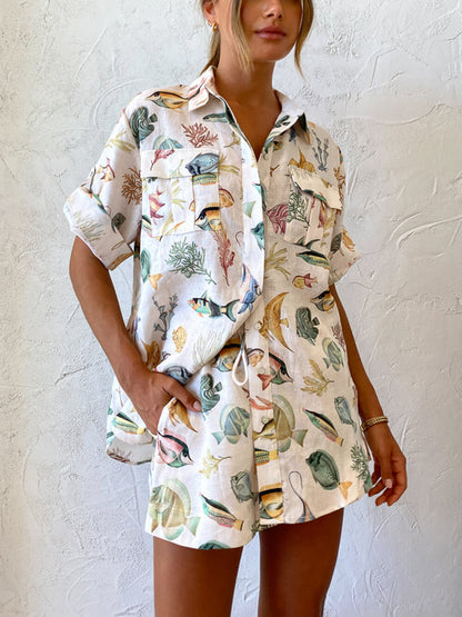 Short Sleeve Fish Print Two-piece Set