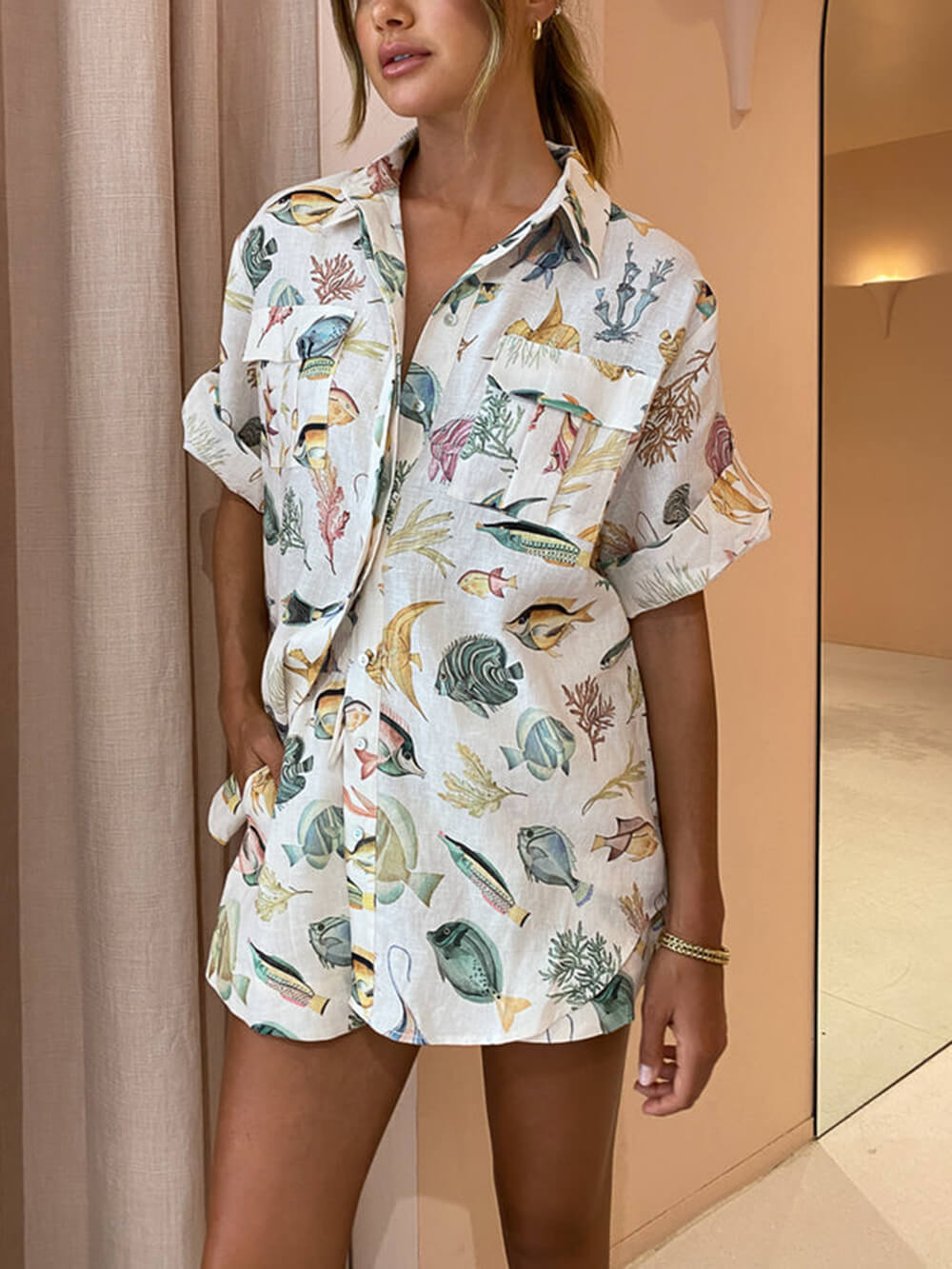 Short Sleeve Fish Print Two-piece Set