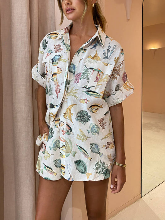 Short Sleeve Fish Print Two-piece Set