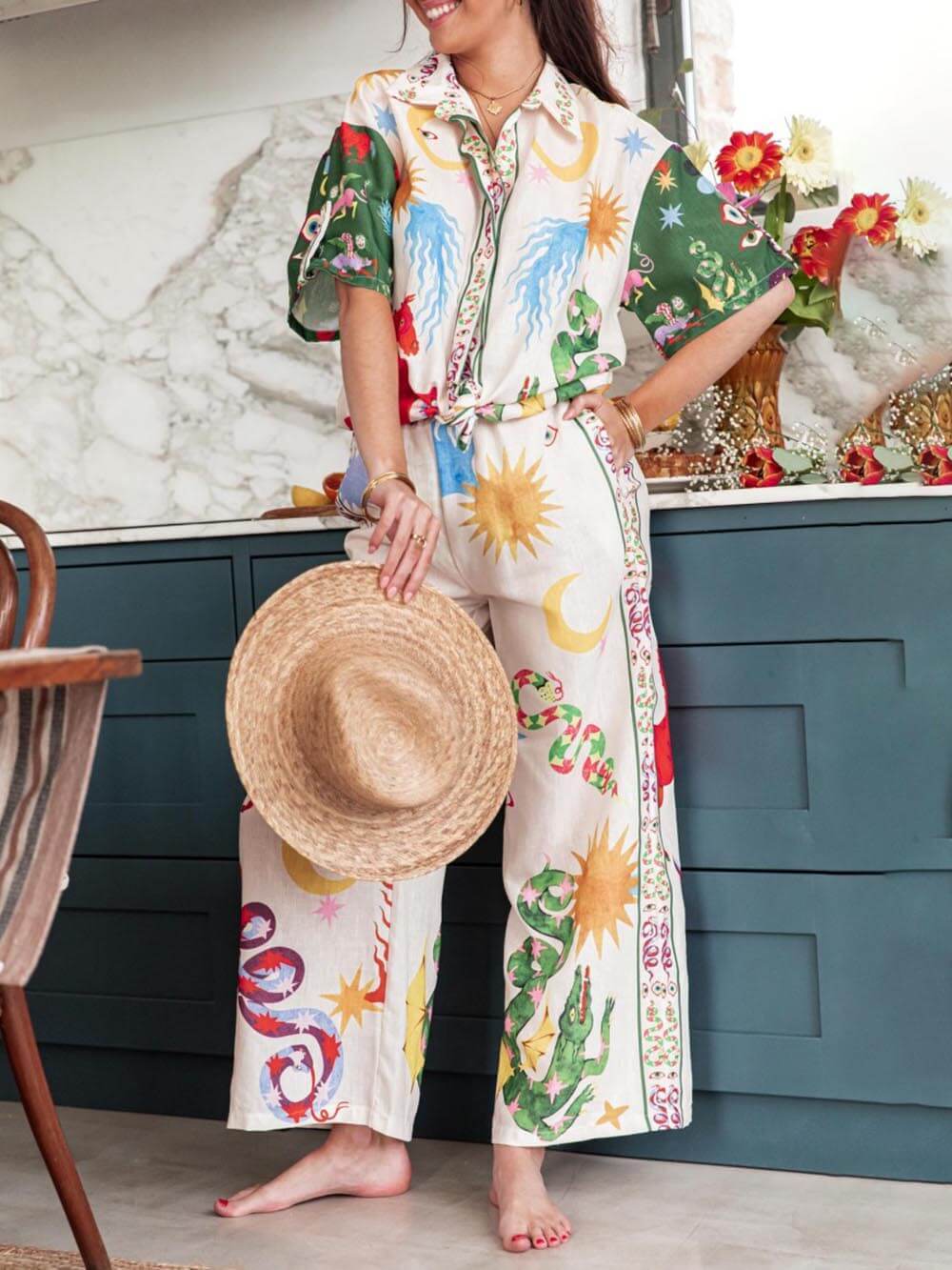 Loose Fit Print Shirt with Elastic Waist Pants