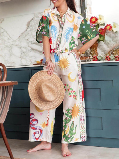 Loose Fit Print Shirt with Elastic Waist Pants