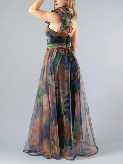 Sleeveless One-Shoulder Deep V Backless Evening Gown