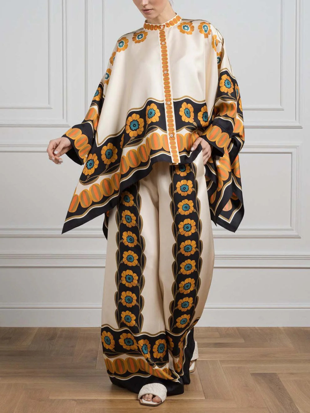 Satin Floral Print Bat Sleeve Shirt Set