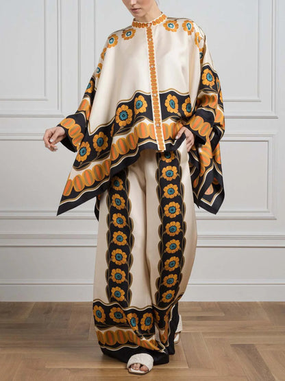 Satin Floral Print Bat Sleeve Shirt Set