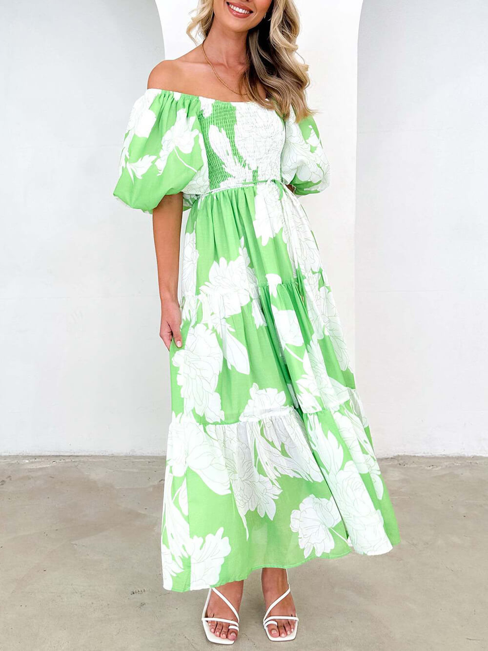 Elegant Floral Off-Shoulder Puff Sleeve Dress
