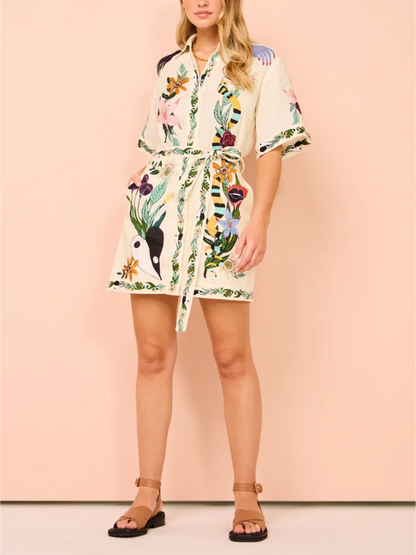 Satin Artistic Print Slim Mini Dress