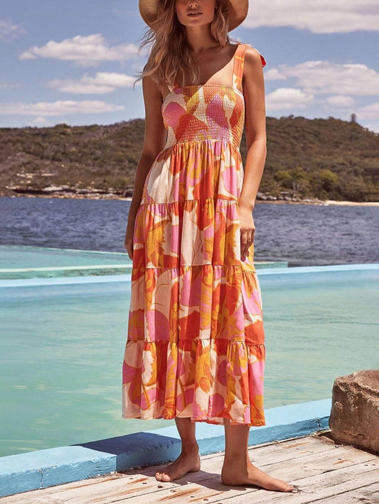Sea Charm Sleeveless Pleated Print Cami Dress