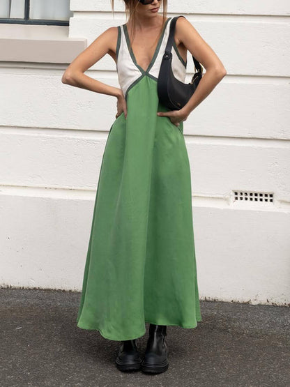 Fashion V-Neck Sleeveless Colorblock Flared Dress