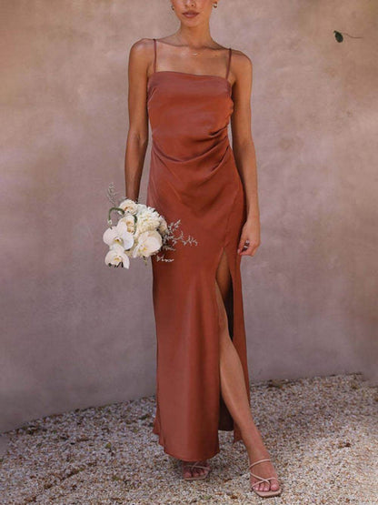 Fashionable Slit Suspender Midi Dress