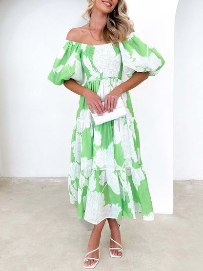 Elegant Floral Off-Shoulder Puff Sleeve Dress