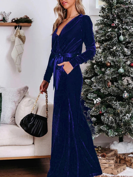 Belted Velvet V-neck Jumpsuit