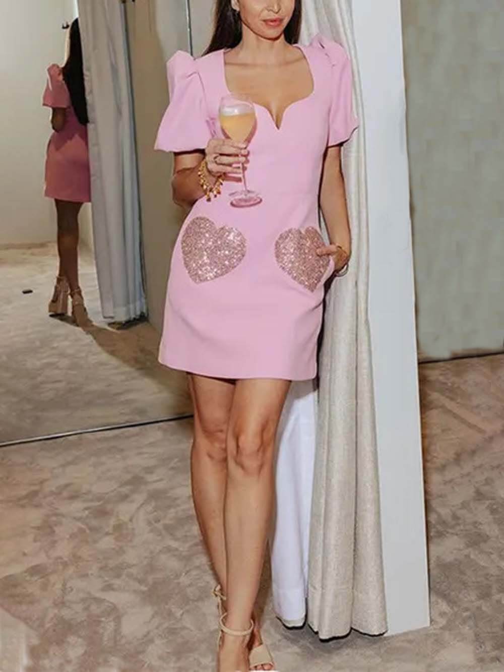 Elegant Sweet Puff Sleeve Sequin Evening Dress
