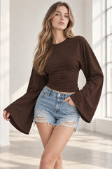 Solid Crew Neck Wide Sleeve Waist Cinched Long Sleeve Tee