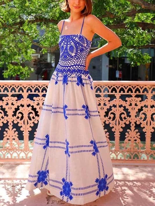 Painted Crochet Floral Print Unique Midi Dress