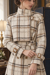 Autumn Winter Long Loose Warm Plaid Wool Blends Sleeve Belt Double Breasted Woolen Stylish Coat